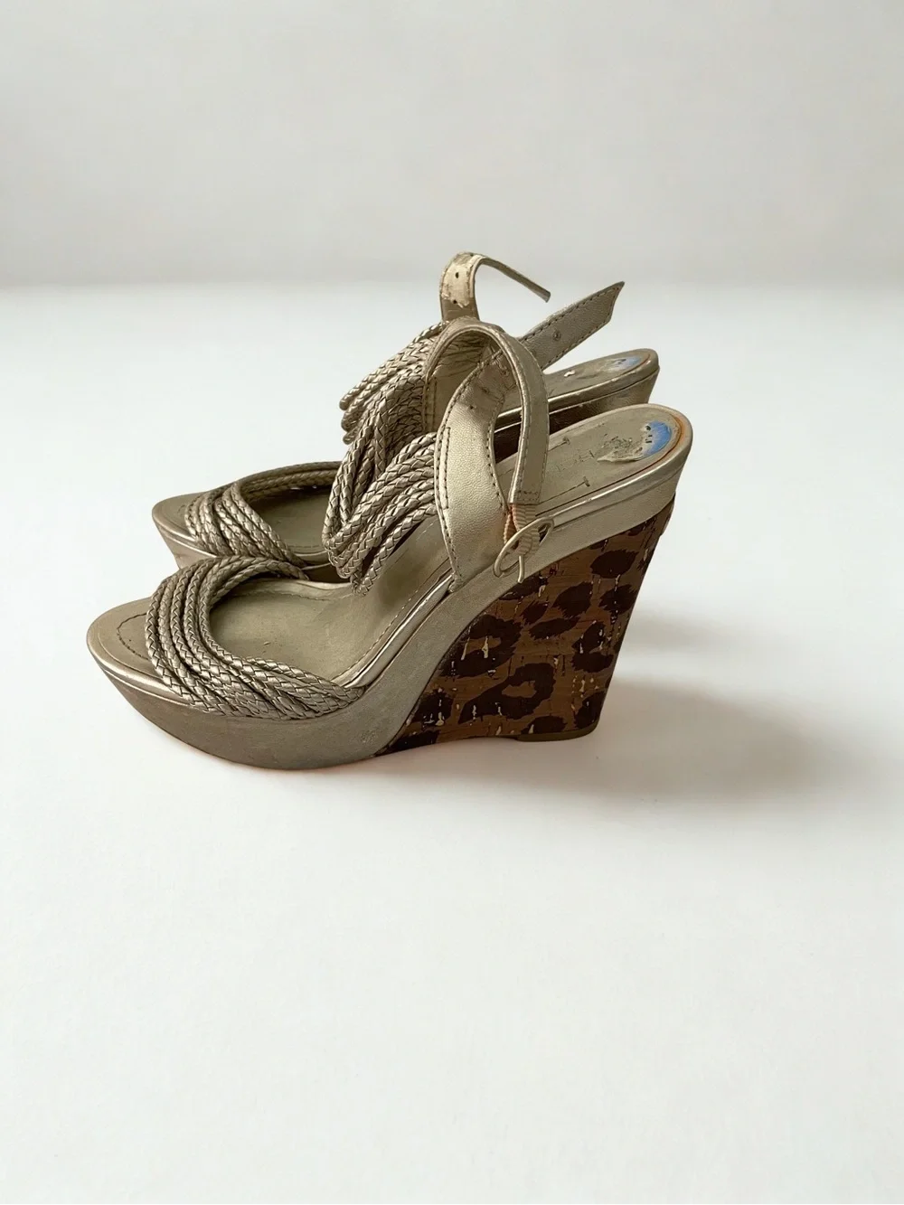Gianni Bini Metallic Gold Braided Leopard Wedge Sandals